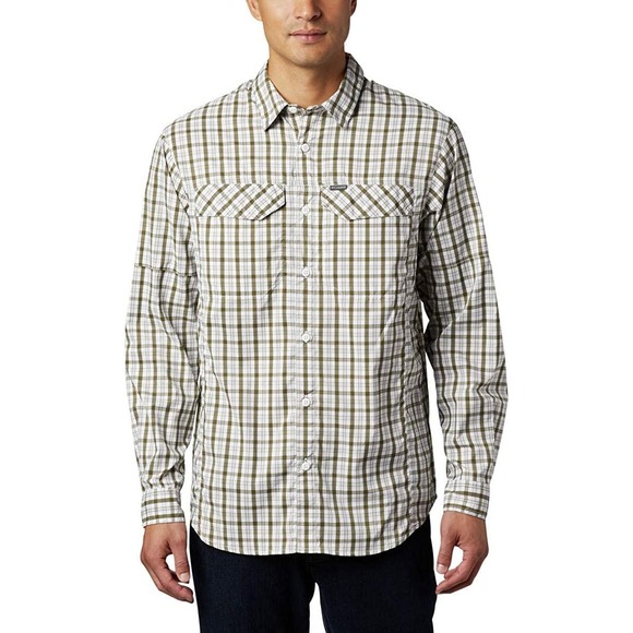 Columbia Mens L/G Plaid Long Sleeve Button Down Fishing Shirt Green Beige - Picture 1 of 8